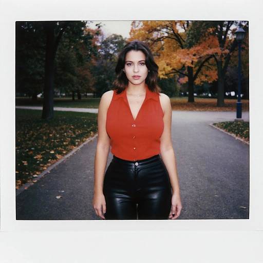 Photograph of a brunette woman with wavy hair, wearing a red sleeveless blouse and black leather pants, standing on a park path with autumn trees