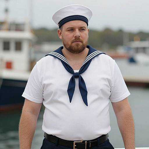 Photograph of a bearded, fair-skinned man in a white sailor uniform with navy neckerchief and hat, standing on a waterfront. Background
