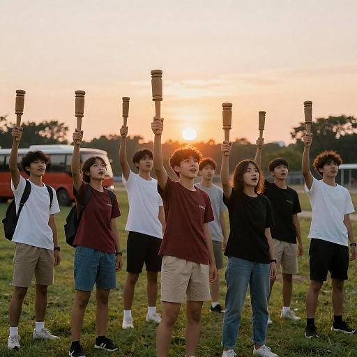 Teenagers Raising Wooden Torches at Sunset