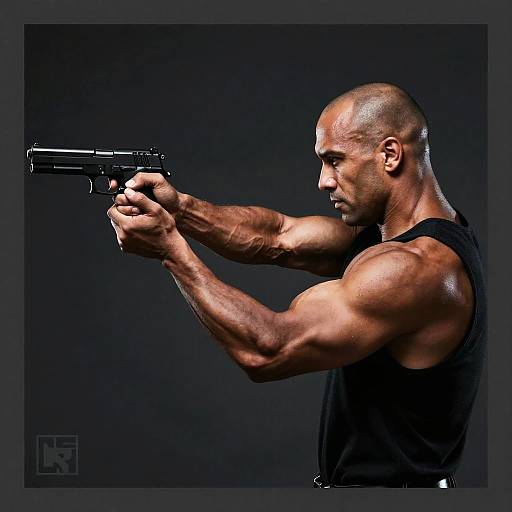 Muscular Bald Man Aiming Handgun