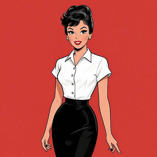 Digital illustration of a stylish woman with short black hair, wearing a white button-up shirt and black skirt, against a bright red background. She has fair