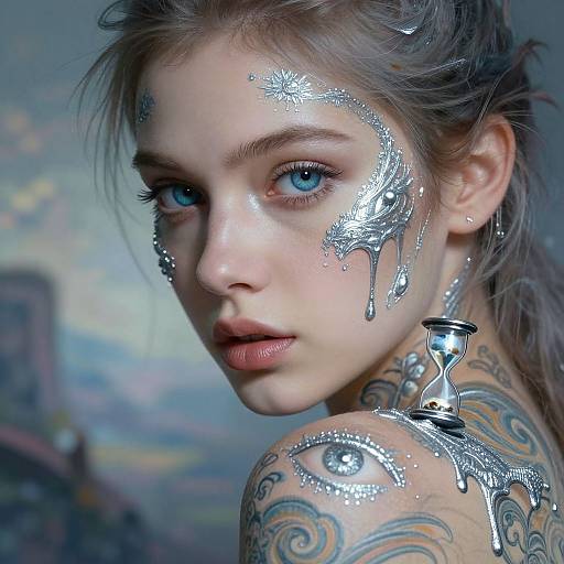 Photograph of a young woman with blue eyes, silver face paint, and intricate tattoos, holding a small hourglass, against a blurred, colorful background