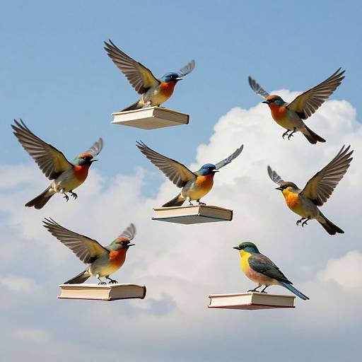 Photograph of seven colorful birds with orange chests, blue heads, and green wings flying around six floating book platforms in a bright blue sky with white clouds