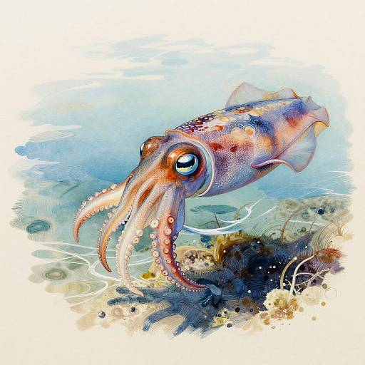 Colorful digital painting of a vibrant, detailed squid with red and blue patterns, large eye, and tentacles, swimming above a rocky seabed.