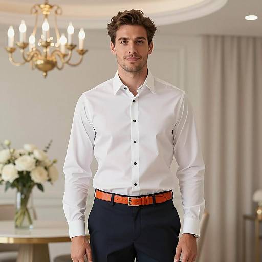 Man in White Dress Shirt with Orange Belt Indoors