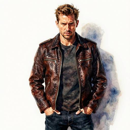 Digital painting of a rugged, bearded man with tousled hair, wearing a black leather jacket over a gray shirt, hands in pockets, serious expression