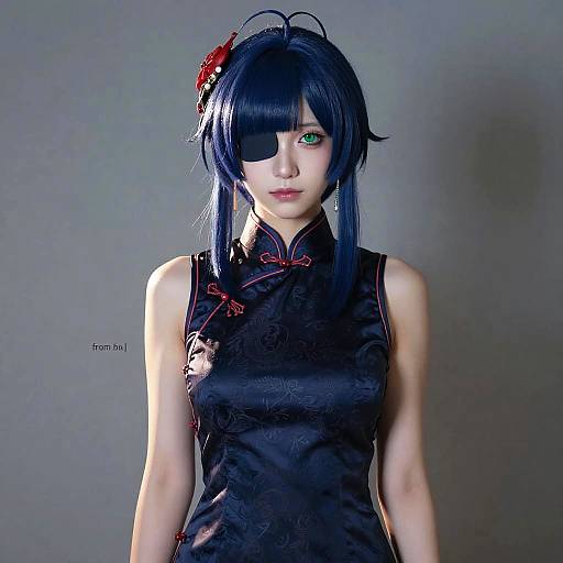 Digital art of a young Asian woman with black hair, green eye, and eyepatch, wearing a black, floral-patterned, sleeveless che