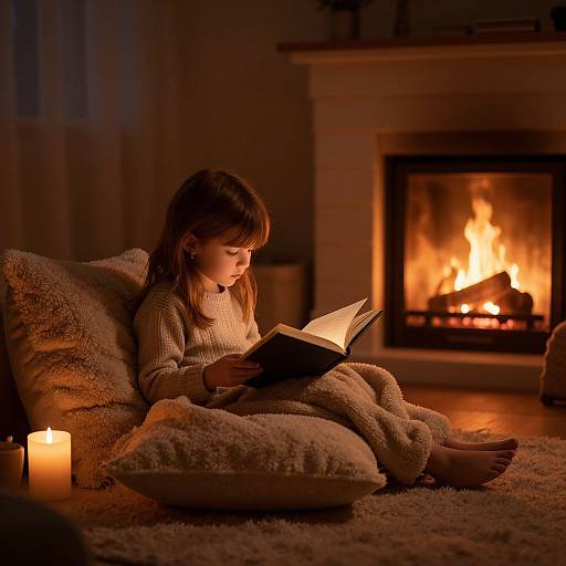 Photograph of a young girl with brown hair, in a cozy beige sweater and blanket, reading by a lit fireplace and candles.