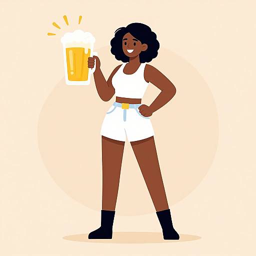 Cartoon illustration of a smiling, dark-skinned woman with curly black hair, wearing a white crop top, white shorts, and black ankle boots,