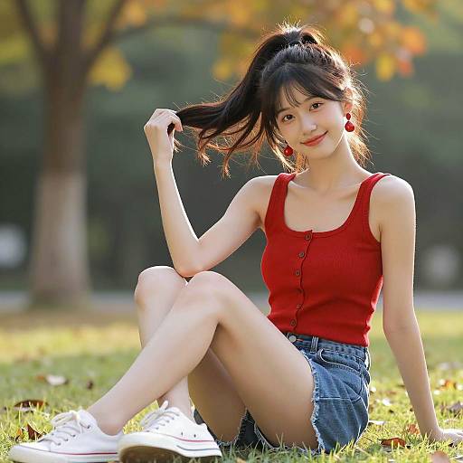 Young Woman Sitting on Grass in Red Top