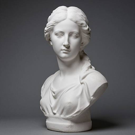 Photograph of a white, classical-style marble bust of a young woman with wavy hair, serene expression, and draped shoulders, against a dark gradient