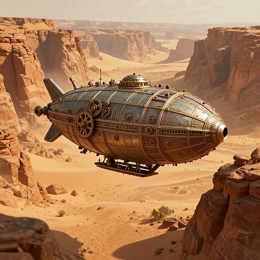 Steampunk airship with intricate mechanical details and gears flying over a sunlit, rugged desert canyon landscape in a digital art style.