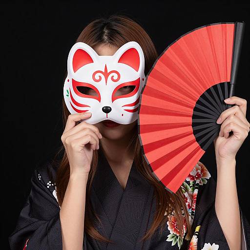 Elegance in a Floral Kimono and Fox Mask