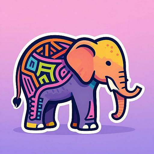Colorful cartoon elephant with vibrant geometric patterns on its body, set against a pink to purple gradient background. Digital art style.