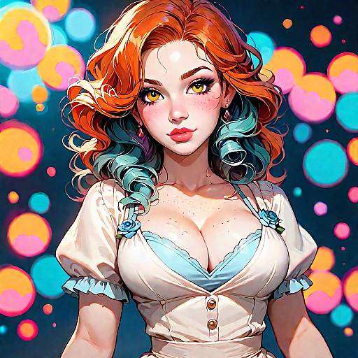 Freckled Redhead Woman in Colorful Dress