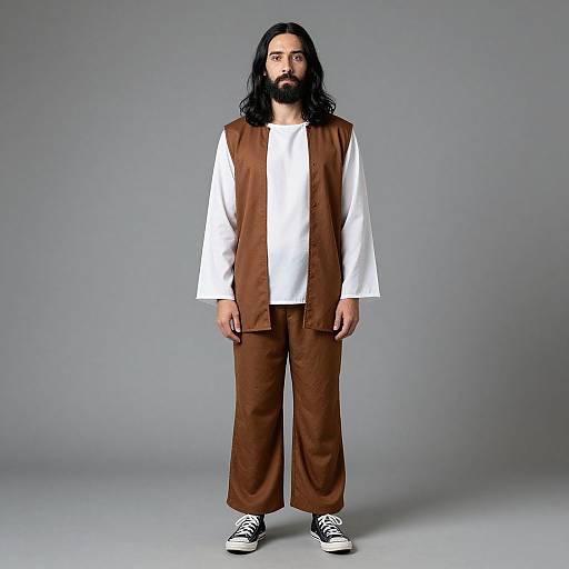 Photograph of a bearded man with long black hair, wearing a white shirt, brown vest, and brown pants, with black Converse shoes,