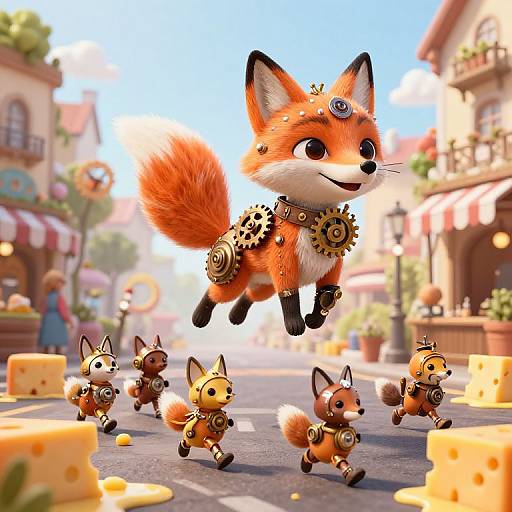 CGI illustration of a large, cute, orange fox with mechanical gears, surrounded by five smaller, similarly styled foxes, running through a sunny,