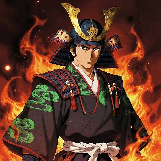 Digital anime-style drawing of a stern samurai with golden horns, black kimono with green clouds, white belt, surrounded by fiery flames.