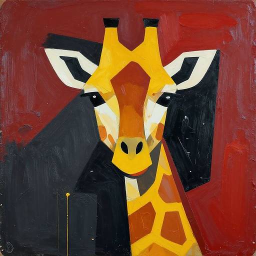 Abstract painting of a giraffe's head, featuring bold geometric shapes and vibrant colors—yellow, orange, white, and black—against a red background