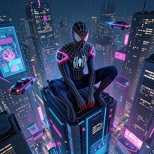 Digital art of Spider-Man in neon-lit, cyberpunk city, sitting on rooftop, glowing spider symbol, neon lights, rain, flying car.