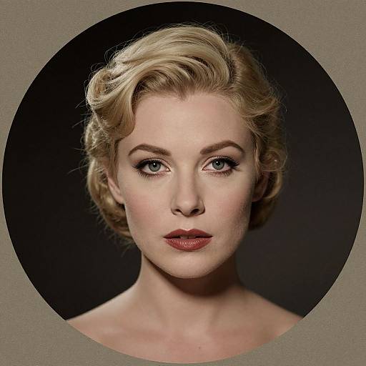 Photograph of a fair-skinned woman with short, wavy blonde hair, blue eyes, and red lipstick, set against a black circular background.