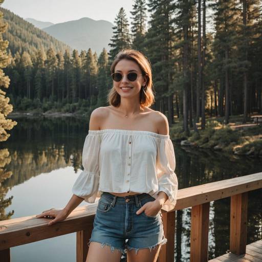 Young Woman by Lake in Mountain Forest