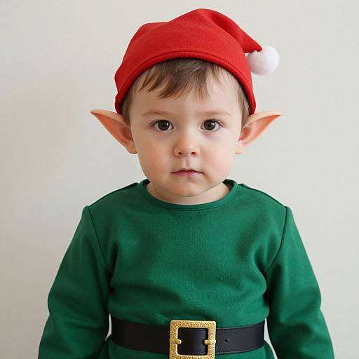 Photograph of a fair-skinned toddler with brown hair, wearing a red elf hat, green elf outfit, black belt with gold buckle, and pointed