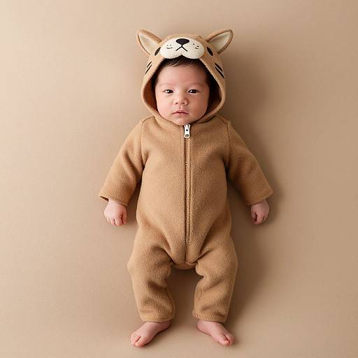 Photograph of a baby in a beige, zippered, bear onesie with fox ears and black nose, standing against a plain beige background.