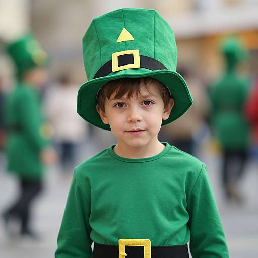 Photograph of a young boy in a green leprechaun costume with a tall hat and gold buckle, standing outdoors with blurred background and other similarly