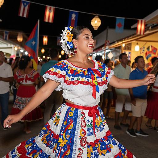 Photograph of a smiling Latina woman in a vibrant, traditional Mexican dress with colorful floral patterns, dancing at a nighttime festival, surrounded by people and illuminated