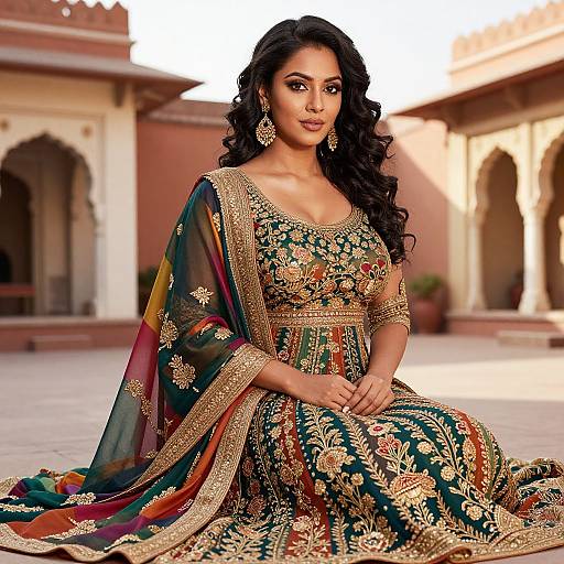 Photograph of a beautiful Indian woman with long black hair, wearing an intricately embroidered green and gold traditional saree, sitting gracefully in a sunlit