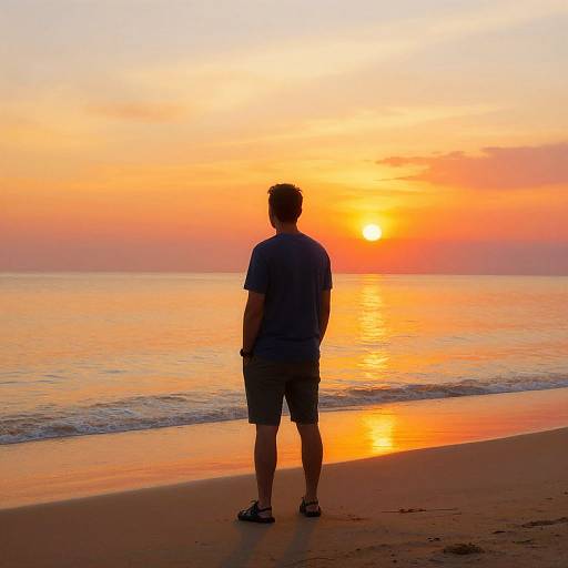 Photograph of a man in a blue shirt and black shorts standing on a sandy beach at sunset, facing the orange and pink horizon.