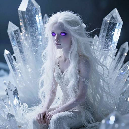 Digital fantasy artwork of a pale, ethereal woman with long white hair and purple eyes, surrounded by glowing, crystalline structures.