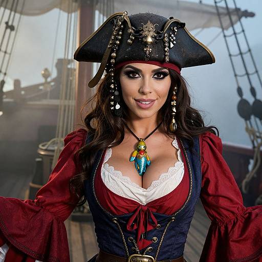 Photograph of a smiling woman with long dark hair, wearing a pirate hat, red blouse, white lace trim, blue pendant, and dark vest,