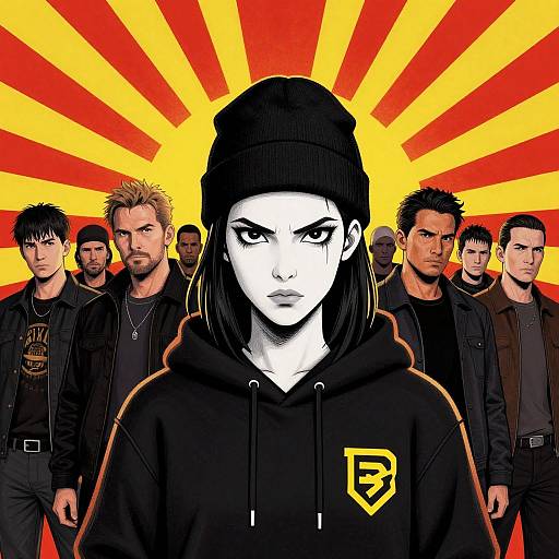 Digital art of a white-skinned, black-haired woman in a beanie and black hoodie, front and center, with seven muscular men in dark clothing