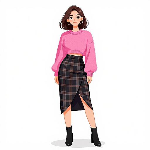 Smiling Woman in Pink Sweater and Plaid Skirt