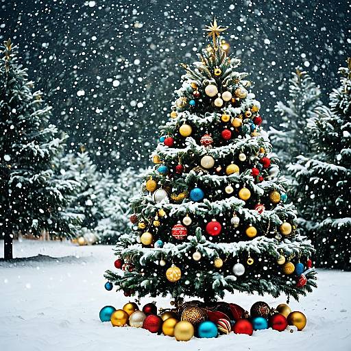 Snow-covered Christmas tree with colorful ornaments