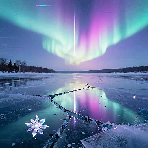 Photograph of a frozen lake reflecting vibrant, multicolored aurora borealis, with snowflakes on ice and a crack in the ice foreground