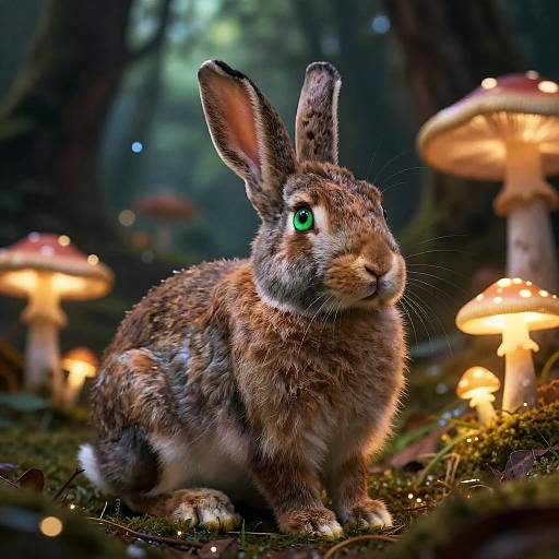 Photograph of a realistic, brown, spotted rabbit with vivid green eyes, sitting among glowing, orange mushrooms in a dark, enchanted forest.