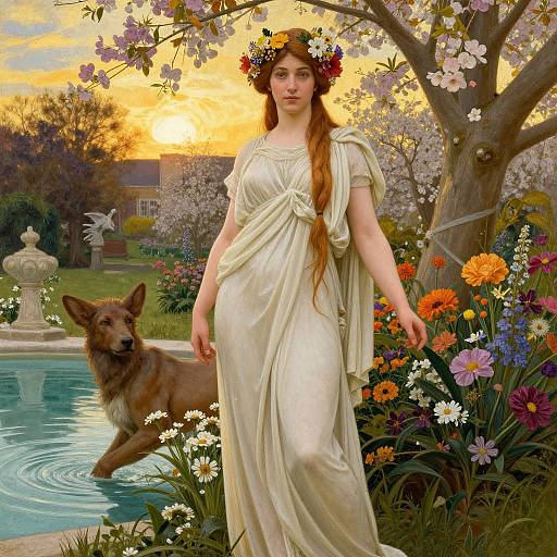 Digital painting of a fair-skinned, red-haired woman in a white, classical dress, flower crown, standing beside a pool with a brown dog,