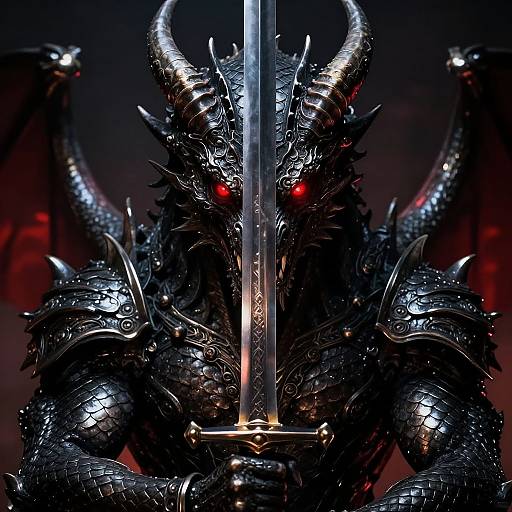 Dark, metallic dragon warrior with glowing red eyes, holding a shining sword, set against a red-lit, smoky background. CGI fantasy artwork.
