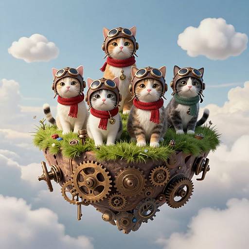 Five cute, anthropomorphic cats in red scarves and goggles sit on a floating grassy island with gears against a blue sky. Digital art with a