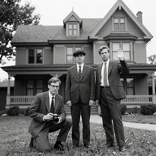 Serious Men in Front of Victorian House