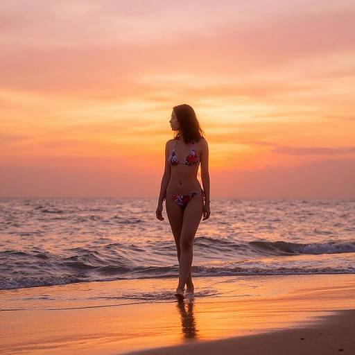 Girl in Floral Bikini at Sunset Shoreline