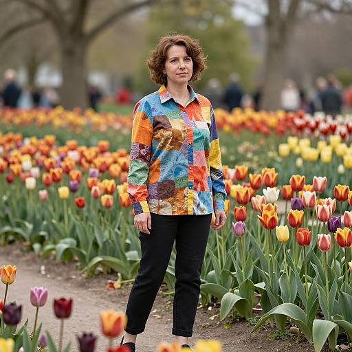 Photograph of a curly-haired woman in a colorful, abstract-patterned shirt and black pants, standing in a vibrant tulip garden.