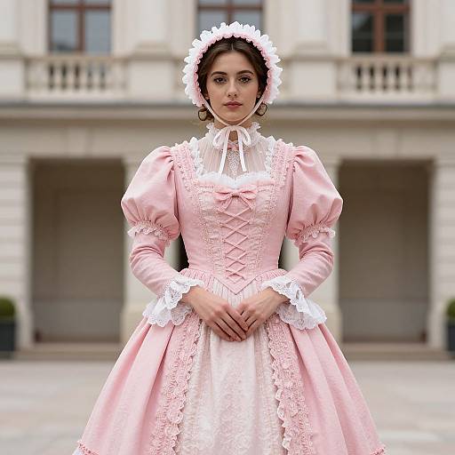 Photorealistic digital image of a young woman with fair skin, brown hair, wearing a pink Victorian-style dress with white lace and a matching headpiece
