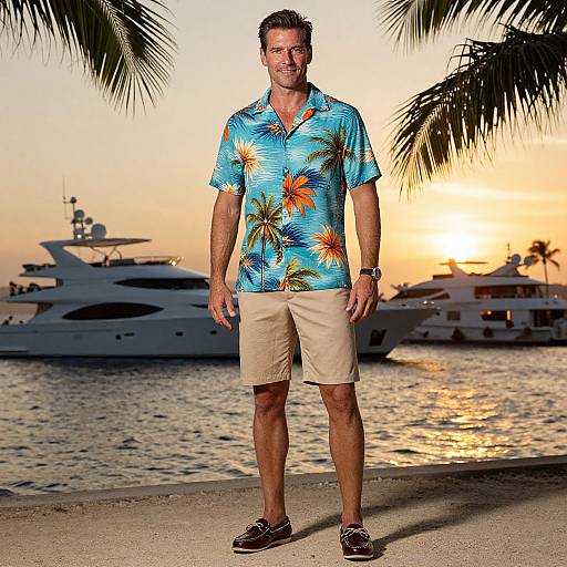 Photograph of a middle-aged man in a blue floral shirt, beige shorts, and loafers standing on a sandy beach at sunset, with palm trees