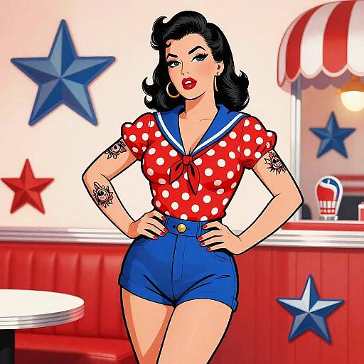 Digital illustration of a curvy, tattooed woman with black hair in a red polka dot sailor top and blue shorts, standing confidently in a retro