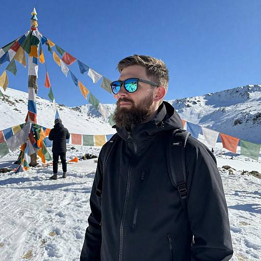 Bearded Hiker in Snowy Mountain Landscape