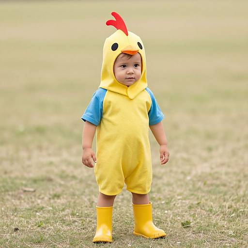 Photograph of a toddler in a yellow chicken costume with red beak, blue sleeves, and yellow boots, standing on grass.